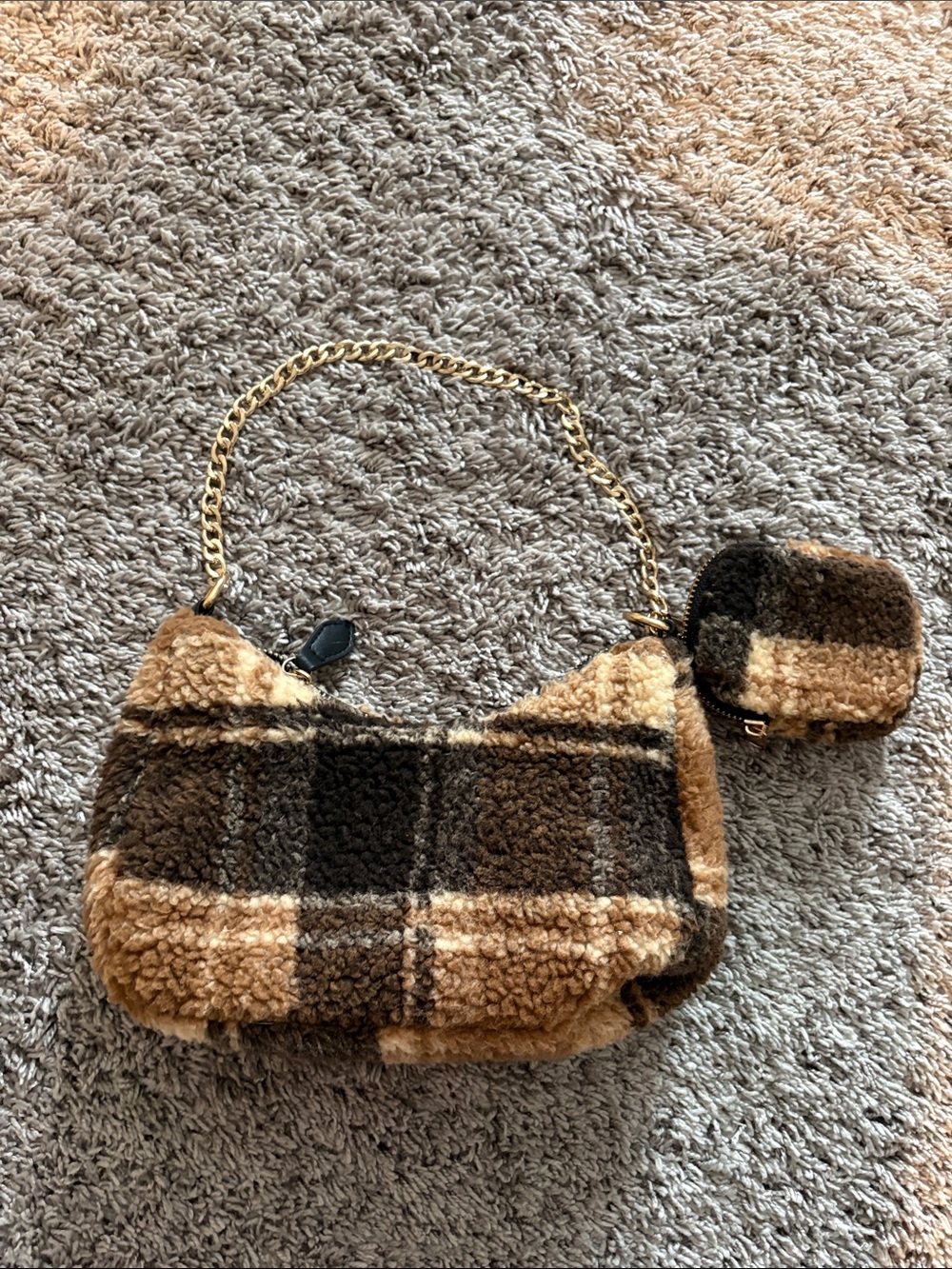 Cozy Plaid Faux Shearling Shoulder Bag in Brown and Cream